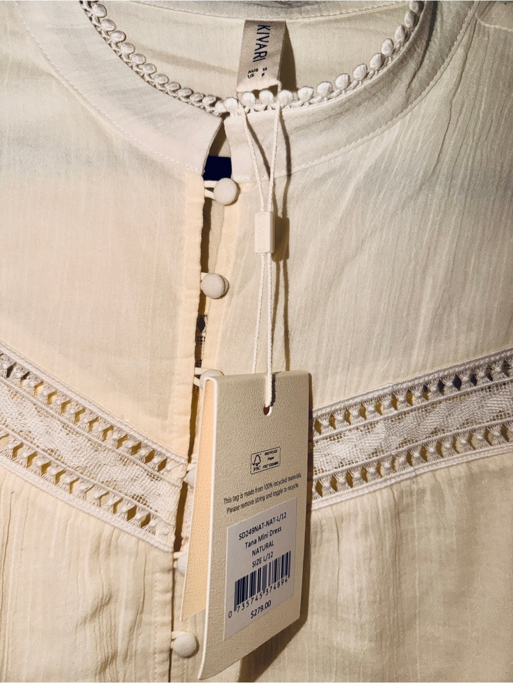 Kivari Tana Mini Dress - Cream Lace-Trim Boho - Picture 6 of 6